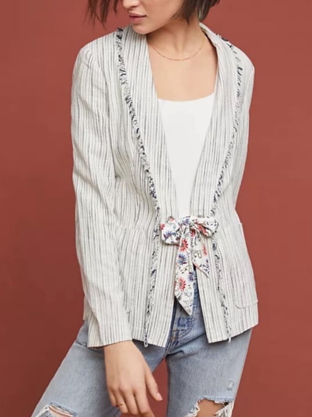 ANTHRO Cartonnier Coddington Striped Blazer Fringe Edge Tie Closure Size 2